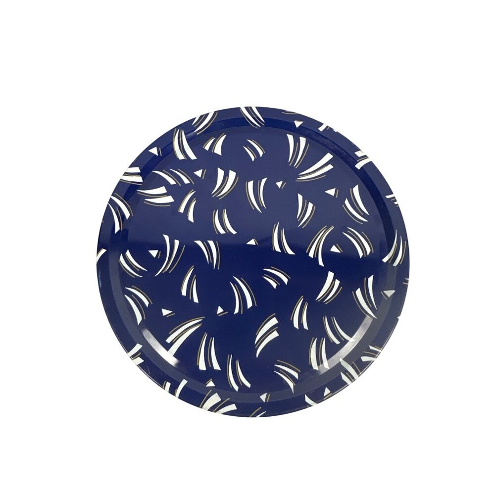Vintage Round Tin Decorative Storage Container Blue & White Abstract Pattern